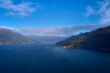 Panoramic view of Lake Como, the city of Varenna. Aerial view. Autumn season