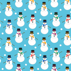 Seamless vector pattern with cute snowmen with colorful scarf and hat on blue Background. EPS 10