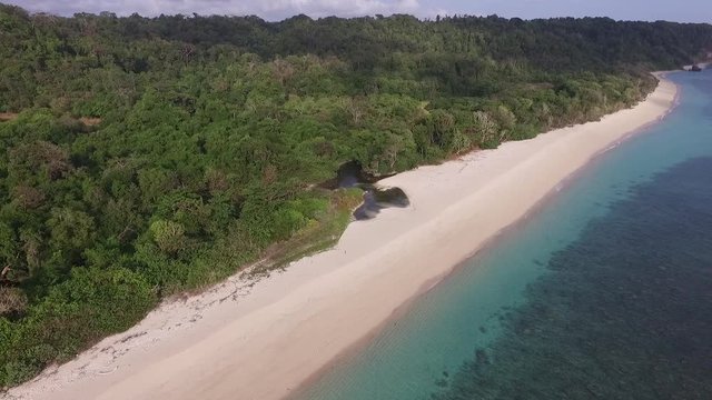 Pristine Nature of Tropical Island, White Sand Beach Lagoon and Rainforest Pull Up Aerial