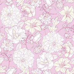 Fototapeta na wymiar elegant floral seamless pattern. Vintage monochrome peonies, chrysanthemums on a light background. Spring; summer holidays presents and gifts wrapping paper; For textiles; packaging; fabric; wallpaper
