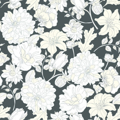 elegant floral seamless pattern. Vintage monochrome peonies, chrysanthemums on a light background. Spring; summer holidays presents and gifts wrapping paper; For textiles; packaging; fabric; wallpaper