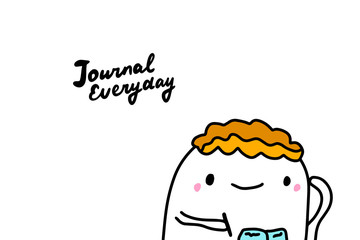 Journal everything hand drawn vector illustration in cartoon comic style man writing in notebook