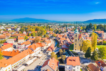 Fototapeta na wymiar Croatia, town of Samobor, main square and church tower aerial view
