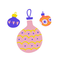 Set of three christmas balls decorations for evergreen tree with colorful ornaments. Hand drawn cute drawn illustration. Flat modern cartoon doodle drawing.