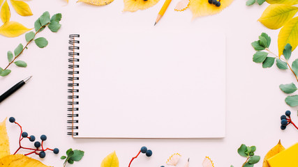 Blank sketchbook. Inspiration creativity talent. Fall leaves decorative composition.
