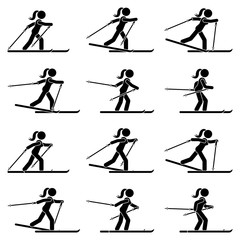 Stick figure woman skiing sequence poses icon vector pictogram set. Winter sport girl stickman on ski posture silhouette on white background