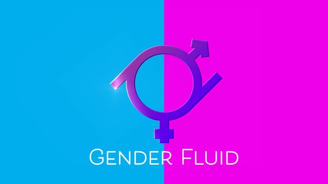 Gender fluid text and symbol on pink and blue background