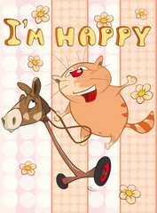 Gordijnen Happy Birthday Card Cute Cartoon Character Cat . Vector Greeting Card. Happy Moment. Congratulation © liusa