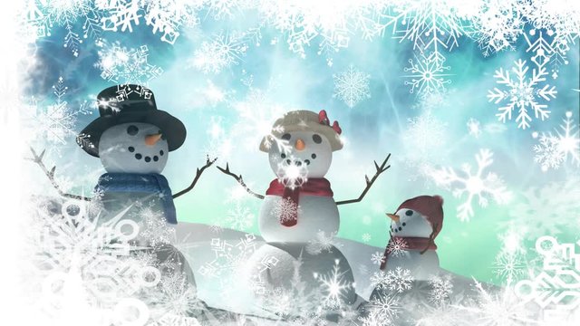 Snow falling and snowmen on blue background