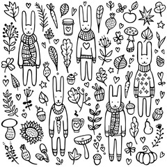 A set of doodle rabbits with knitted scarves and warm winter sweaters