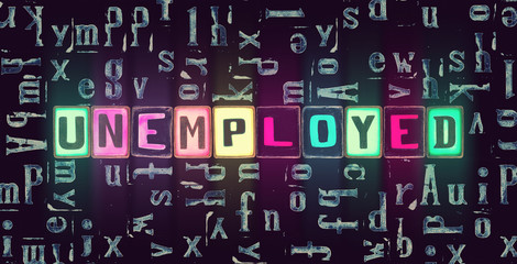 The word Unemployed as neon glowing unique typeset symbols