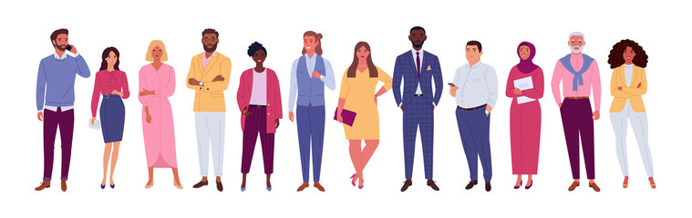 Office multinational team. Vector illustration of diverse cartoon men and women of various races, ages and body type. Isolated on white.