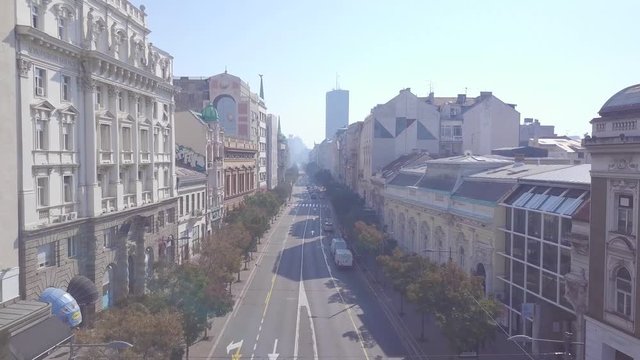 Fantastic slow establishing aerial shot of Terazije in Belgrade, city centre