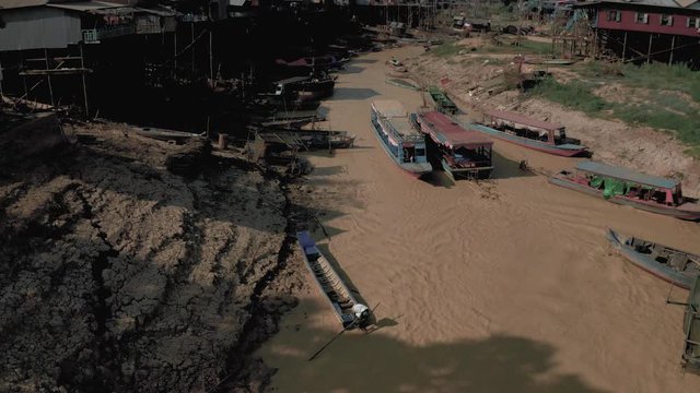 Drone flight over the river in Floating Village in Cambodia, Pean Bang, Tonle Sap Lake 4k
