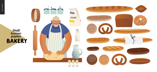 Bakery -small business illustrations -baker and bread - modern flat vector concept illustration of a baker kneading the dough. Weat, rye bread, loaf, grain, pretzel, bun, roll, french baguette