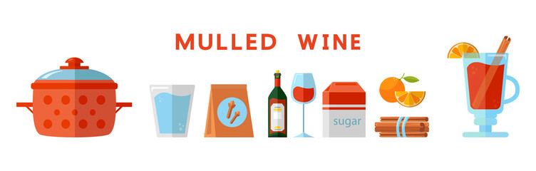 Set of vector elements in flat style isolated on white background. Mulled wine ingredients. Traditional winter alcoholic beverage. Popular Christmas drink. Clip art for grog recipe illustration