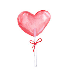 Heart shaped lollipop with ribbon. Hand-drawn, watercolor. Isolated on white. Valentines day. Sweet. Candy heart. Red. Love. Romantic concept.