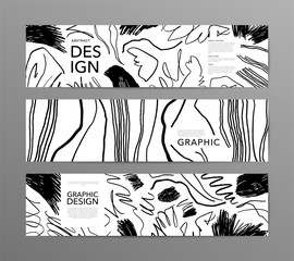Monochrome abstract vector banners set. Black ink pen scribble stains vector illustrations with text space.