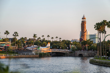 Orlando, Florida, USA, October 26, 2019: Islands of Adventure, a colorful park with movie backdrops and comics. Big boardwalks around the lake