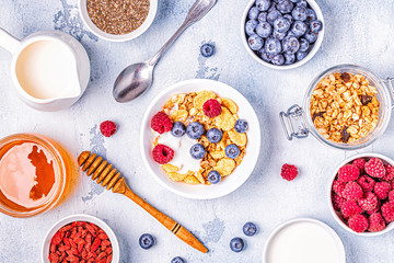 Healthy breakfast, muesli, cereal with fruit.