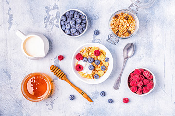 Healthy breakfast, muesli, cereal with fruit.