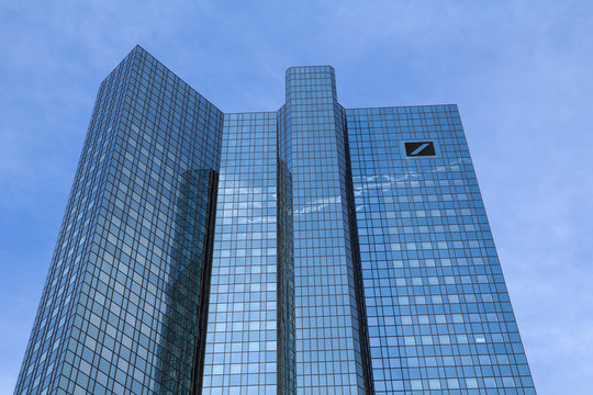 FRANKFURT, GERMANY: APRIL 29, 2018: Deutsche Bank headquarters tower, a modern skyscraper in the center of Frankfurt, Germany