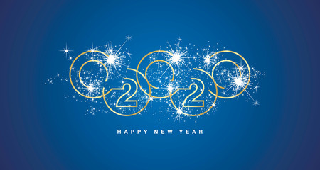 Happy New Year 2020 line design golden rings with sparkle firework white blue greeting card
