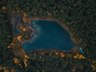 Aerial shot of lake surrounded by forest autumn trees