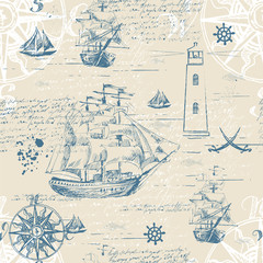 Fototapety  Vector abstract seamless background on the theme of travel, adventure and discovery. Old hand drawn map with vintage sailing yachts, wind rose, routs, nautical symbols and handwritten inscriptions