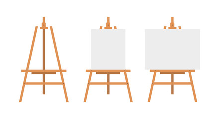 Vector Set of Brown Sienna Wooden Easels with Mock Up Empty Blank Canvases Isolated on Background Paint Desk and White Paper Isolated On Background. Vector illustration Web site page and mobile app.