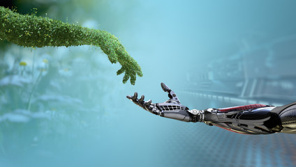Green technology conceptual design, human arm covered with grass and lush and robotic hand, 3d render - obrazy, fototapety, plakaty