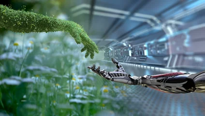 Foto op Canvas Green technology conceptual design, human arm covered with grass and lush and robotic hand, 3d render © willyam