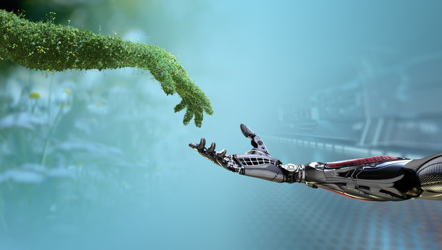 Green technology conceptual design, human arm covered with grass and lush and robotic hand, 3d render