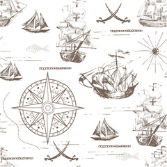 Vector abstract seamless background on the theme of travel, adventure and discovery. Old hand drawn map with vintage sailing yachts, wind rose, routs, nautical symbols and handwritten inscriptions