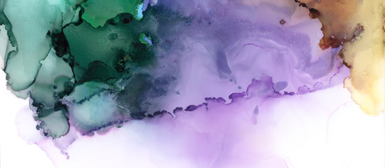 Art Abstract paint blots background. Alcohol ink colors. Marble texture. Horizontal long banner..