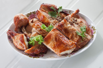 Fresh Grilled chicken with plate, on the table, Selective and soft focus