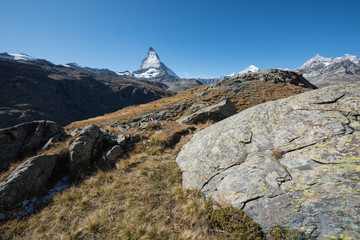 scenery from Matterhorn in switzerland from a imposing hiking trail to zermatt.