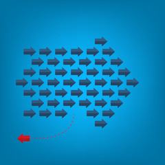Think differently concept. Red arrow changing direction. New idea, change, trend, courage, creative solution, innovation and unique way concept.