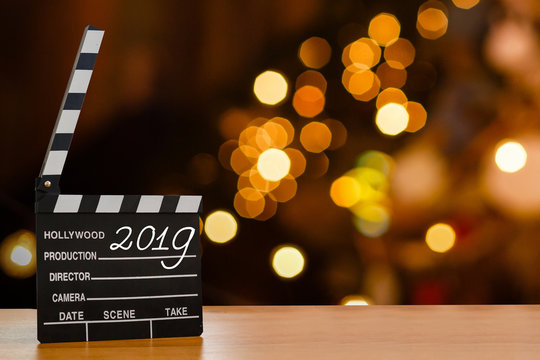 New year 2019 abstract film and destiny concept on blured background with clapperboard