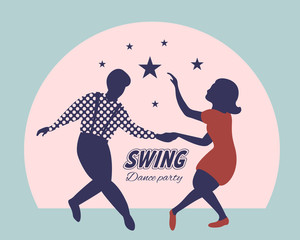 Swing dance party poster. Silhouettes of man and woman dancing lindy hop or boogie woogie. 1940s and 1950s style. Flat vector illustration. - obrazy, fototapety, plakaty