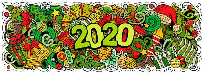2020 hand drawn doodles illustration. New Year objects and elements design