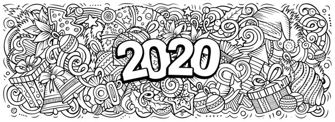 2020 hand drawn doodles illustration. New Year objects and elements design