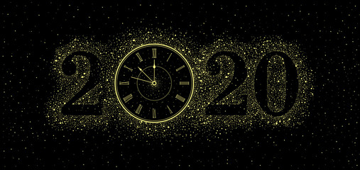 New Year gold Clock 2020. isolated on black background