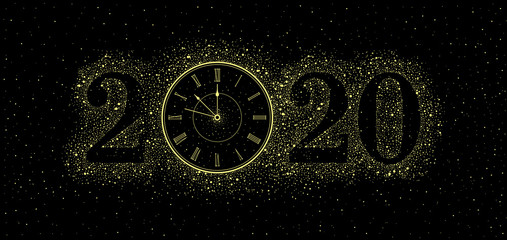 New Year gold Clock 2020. isolated on black background