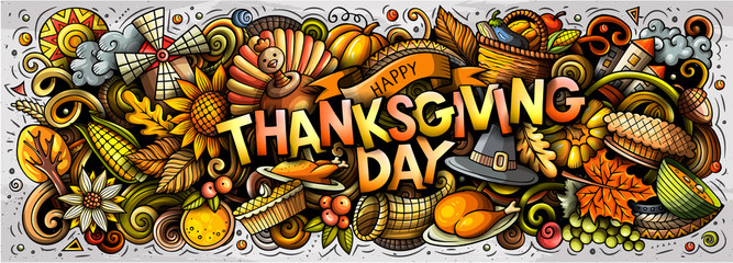 Happy Thanksgiving hand drawn cartoon doodles illustration.