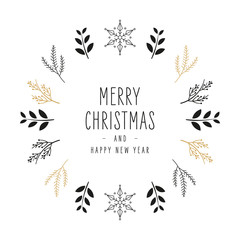 Merry Christmas modern elegant card with greetings golden and black fir pine branches circle on white background