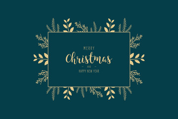 Merry Christmas modern elegant card with frame banner greetings and golden fir pine branches on green background © Pixasquare