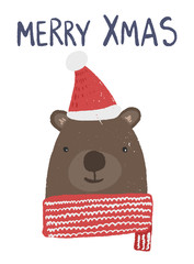 Winter holidays card with cute brown bear in red hat and scarf. Happy New Year or Merry Christmas banner with cartoon cheerful animal and greeting text, kids celebrating background