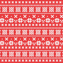 Christmas texture with geometric ornament. Bright Christmas wrapping paper in traditional red and white colors. Winter design elements. Happy Holiday borders. Vector illustration