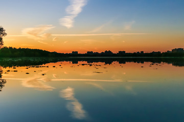 Autumn.  Autumn colors.  Sunset on the lake.  Kiev.